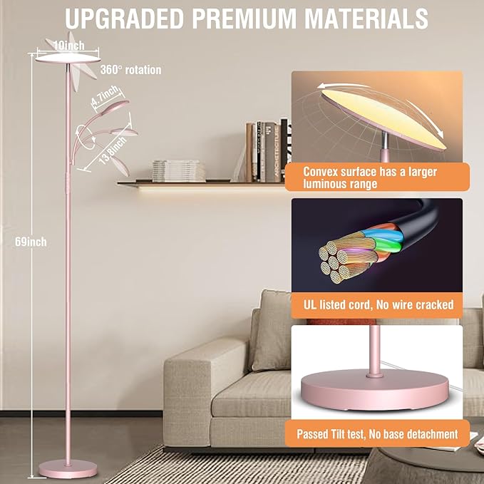 marctronic Pink Floor Lamps for Living Room, 44W/4500LM Super Bright 2 in 1 LED Floor Lamp with Remote, Stepless Dimmable, 69" Tall Standing Floor Lamp with Bendable Reading Light for Bedroom Office
