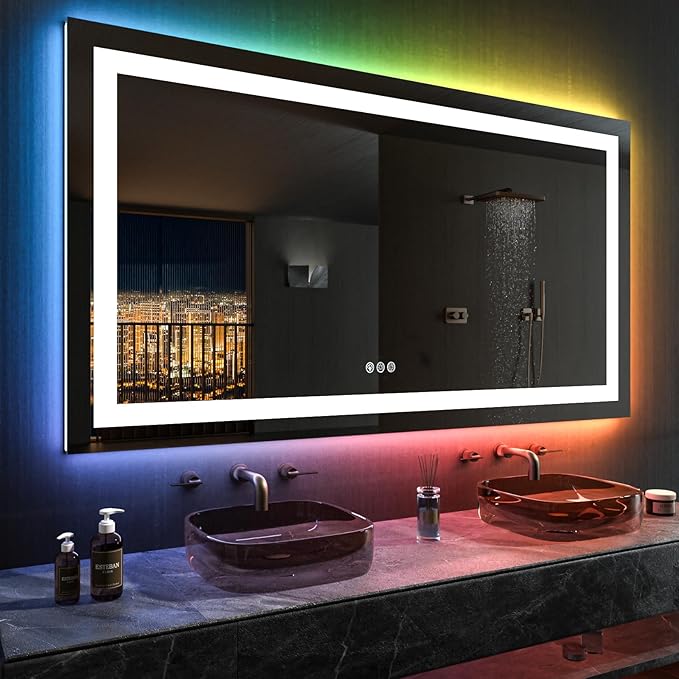 LOAAO 60”X36“ RGB LED Bathroom Mirror with Lights, Large, Anti-Fog, Dimmable Smart Lighted Bathroom Vanity Mirror, Multiple Light Modes, RGB Backlit + Front Light, Memory Function, Tempered Glass