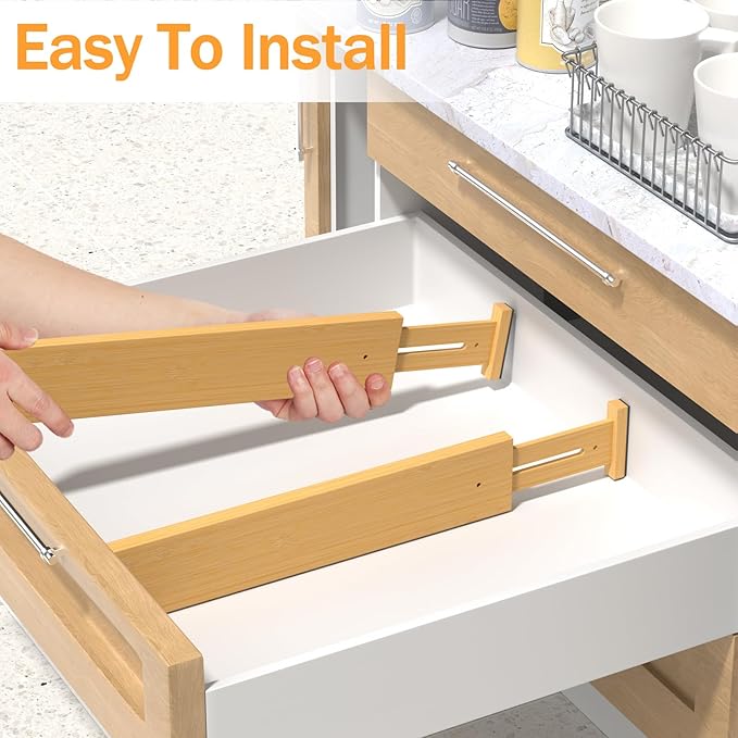 BAMBUROBA Bamboo Drawer Dividers, Adjustable Expandable Drawer Organization Separators - 17-22" for Bedroom, Bathroom, Dresser and Office - 8-Pack