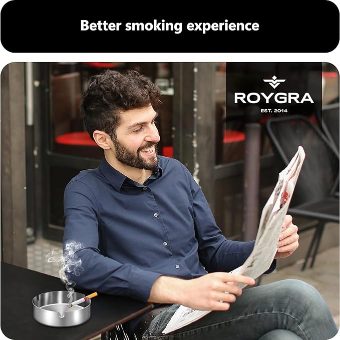 roygra Ash Tray (2 Pack), Outdoor Ashtray for Outside Patio, Stainless Steel Ashtrays for Cigarettes with 3 Holder, Smoking Accessories, Home Décor, Ashtrays for Smokers Indoor - Blue, Medium