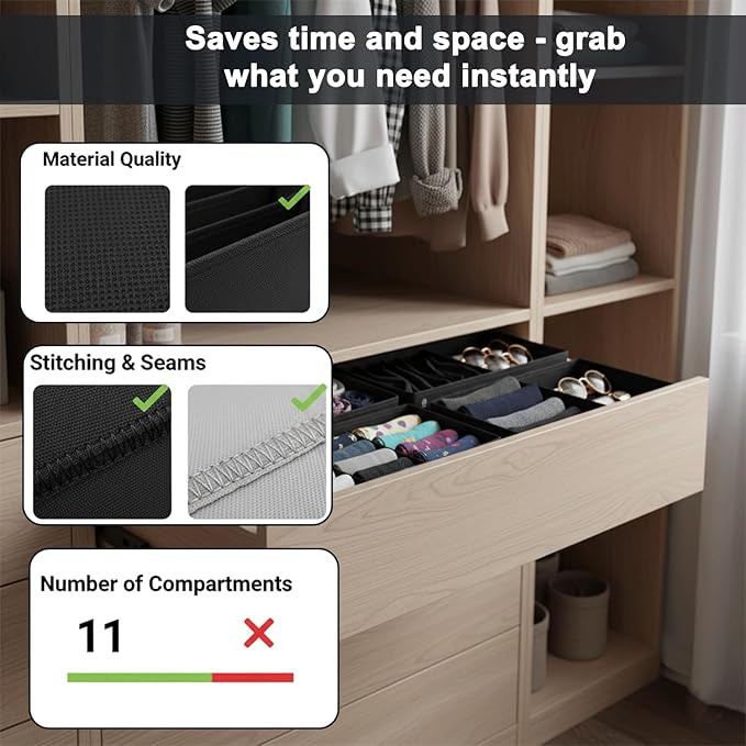 Drawer Organizer Clothes -3 Pcs T shirt organizer Multipurpose Dresser Drawer Organizer for Adults & Kids, Closet Foldable 12 Cells per Organizer - Closet Organizers & Storage, Shirt Folder - Black