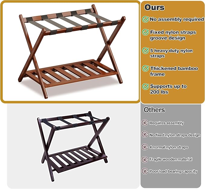 Full Assembled Luggage Rack Set of 2, Bamboo Luggage Holder Rack for Guest Room, 26.77" L Folding Suitcase Stand with 5 Nylon Straps & Storage Shelf for Bedroom Hotel (2 Pack - Brown)
