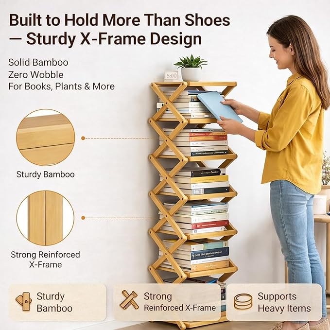 The 9-Tier No-Assembly Bamboo Rack, Folding Bamboo Shoe Rack Organizer with Collapsible Vertical Design, Space-Saving & No-Tool Assembly, for Entryways,Corners,Bedrooms,Balconies (Brown,8)