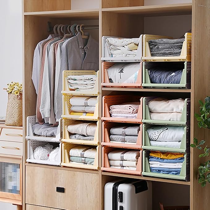 4-Pack Folding Wardrobe Storage Box Plastic Drawer Organizer Stackable Shelf Baskets Cloth Closet Container Bin Cube Home Office Bedroom Laundry Drawer Dividers for Clothes Toy Organization (Colorful)