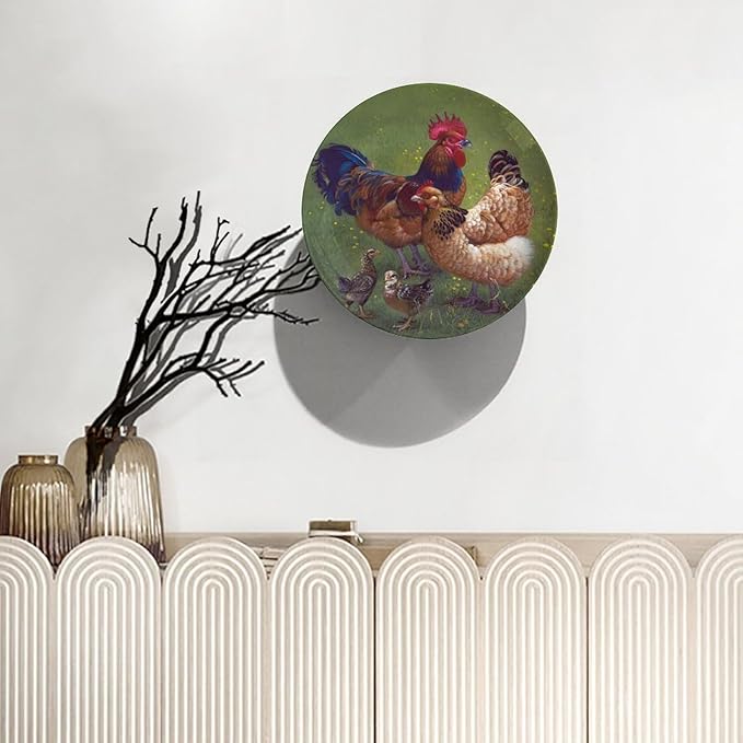Rooster Decorative Plate Holder, 6 Inch, Rooster Chicks Hang Out on The Lawn Round Display Plate, Table Top Plate Decor with Stand, for Display Living Room Kitchen Closet Table Decor