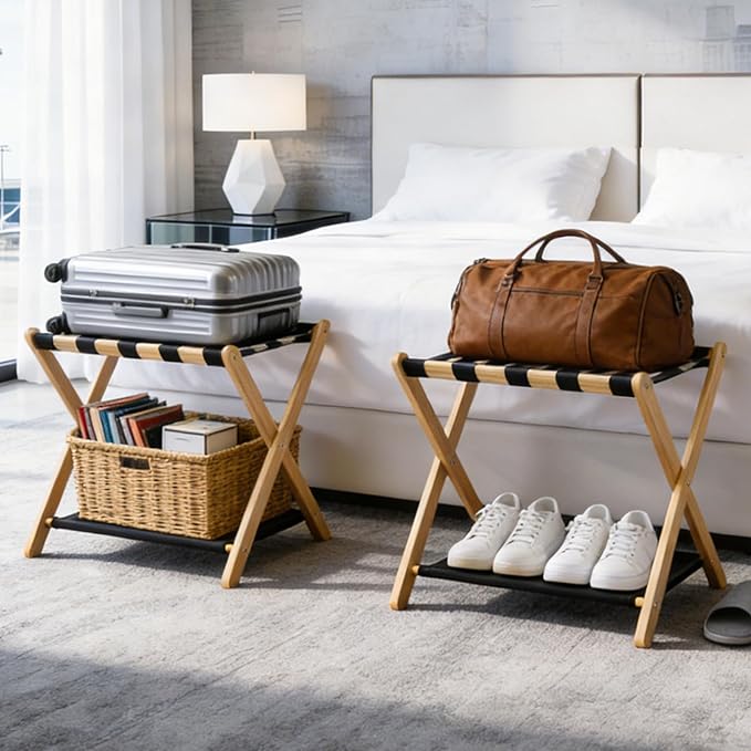 Fully Assembled Luggage Racks Pack of 2, Bamboo Natural Foldable Luggage Rack for Guest Room, Suitcase Stand with Fabric Storage Shelf for Hotel, 5 Nylon Straps, 26.77" W x 16.93" D x 22.5" H