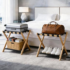 Fully Assembled Luggage Racks Pack of 2, Bamboo Natural Foldable Luggage Rack for Guest Room, Suitcase Stand with Fabric Storage Shelf for Hotel, 5 Nylon Straps, 26.77" W x 16.93" D x 22.5" H