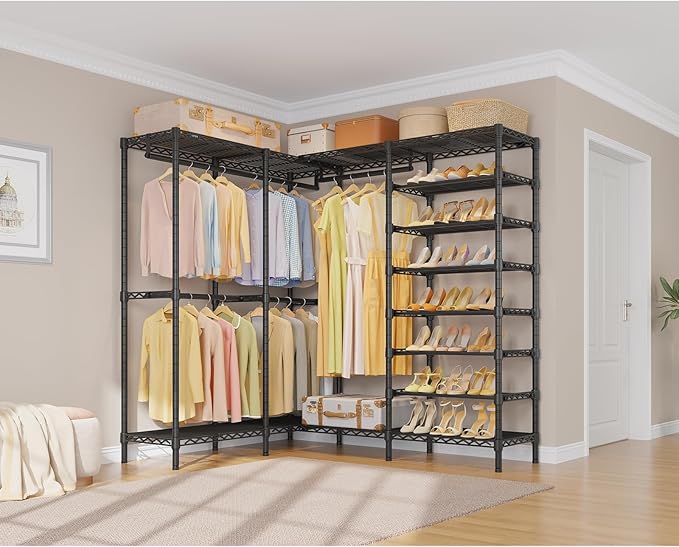VIPEK S4 Heavy Duty Clothes Rack with Shoe Shelves Freestanding Clothing Rack with 6-Tier Shoe Rack, 4 Hanging Rod, Adjustable Shelf, Walk in Closet Organizer Garment Rack, Black