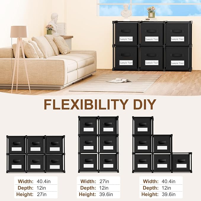 Geelin 6 Cube Storage Organizer with Fabric Bins and Labels 11 Inch, Fabric Collapsible Cubby Clothes Storage Drawer Dresser for Bedroom Living Room Office Organization
