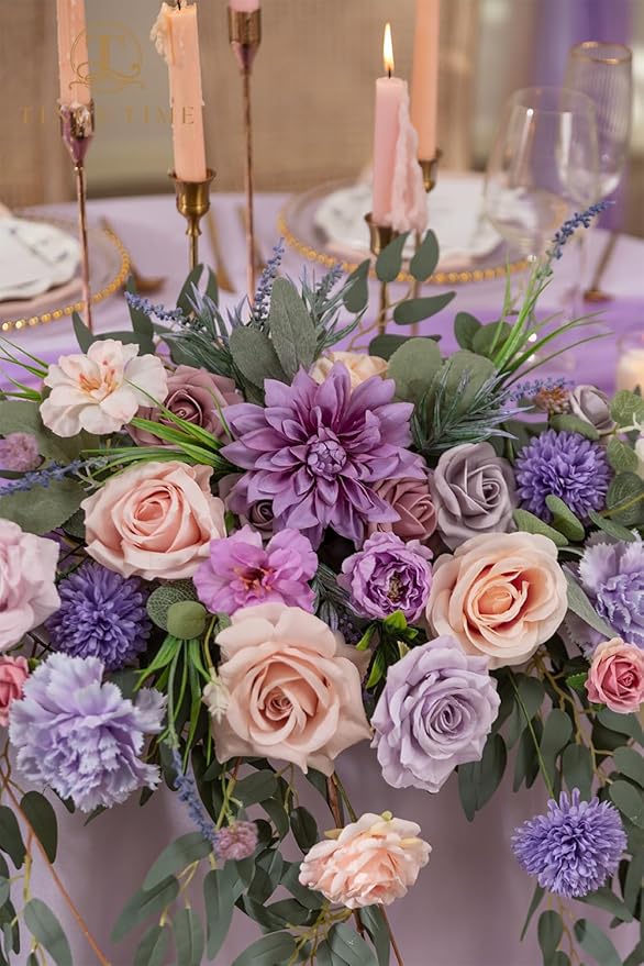 TINGE TIME Artificial Sweetheart Flower Swag with Tablecloth and Table Runner, Pack of 3 Floral Arrangement for Wedding Sweetheart Table Centerpiece Decoration (Violet & Misty Rose)