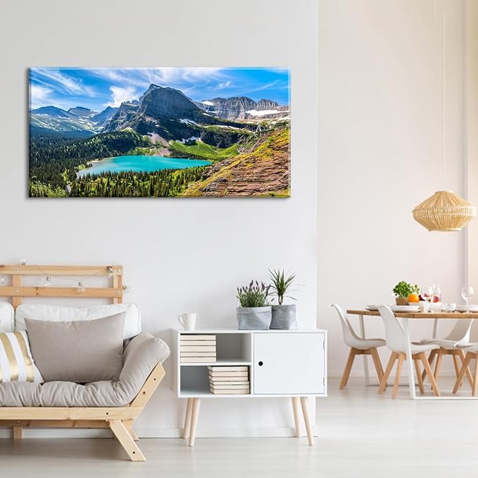 Mountain Canvas Wall Art Teal Saint Mary Lake Landscape Wall Decor Glacier National Park Canvas Poster Modern Nature Scenic Painting Artwork for Living Room Bedroom Office Home Decorations 24x48"