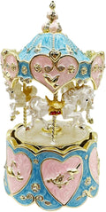 Carousel Music Box Figurine, Blue/Pink Enamel, Heart & Rose Golden Details, Ideal Home Decor & Gift Giving