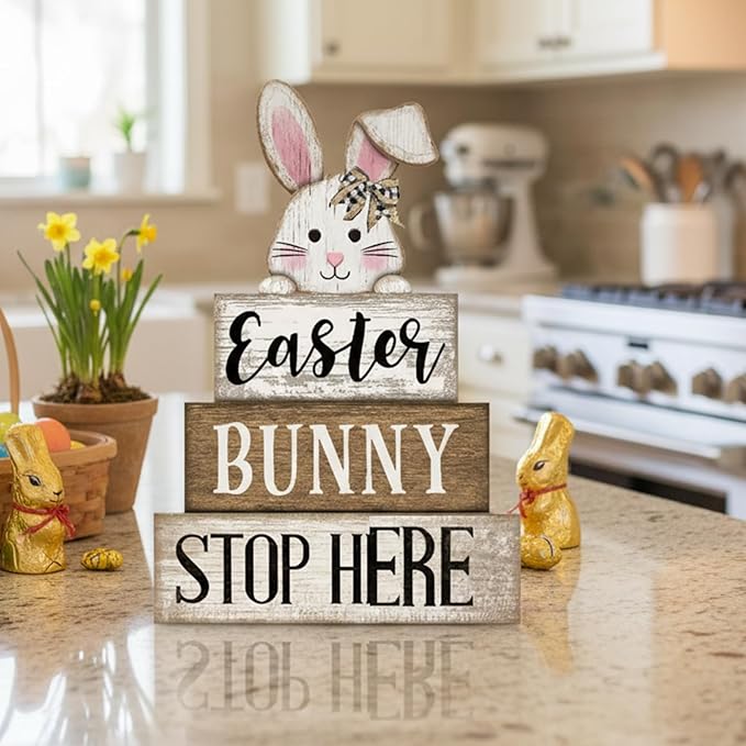 Moucuny 4 Pcs Easter Bunny Table Decoration Stacked Wooden Bunny Block Decor 3-tier Tabletop Sign with 3D Rabbit, Rustic Farmhouse Easter Decorations for Home Egg Hunt Party Centerpiece Gift