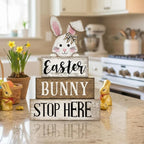 Moucuny 4 Pcs Easter Bunny Table Decoration Stacked Wooden Bunny Block Decor 3-tier Tabletop Sign with 3D Rabbit, Rustic Farmhouse Easter Decorations for Home Egg Hunt Party Centerpiece Gift