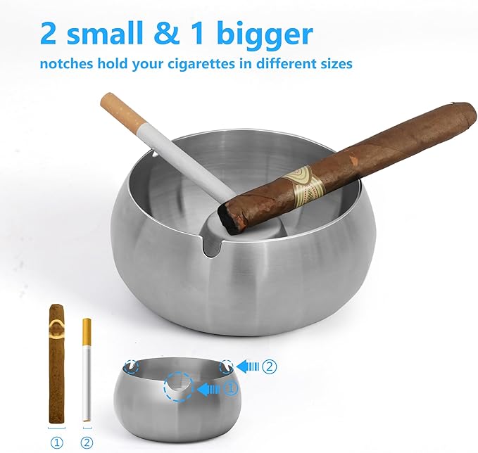 JSVER Stainless Steel Cigar Ashtray with Lids for Home Office Decoration, Outdoor Patio, Balcony (Silver)