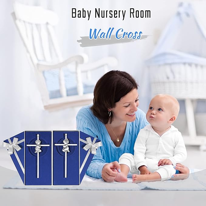 2 PCs Silver Baby Wall Cross Baptism Gifts for Boy and Girl Christening First Communion Dedication Gift for Baby Girls Goddaughter Religious Baptismal Children Crosses Gifts from Grandparents, 7in