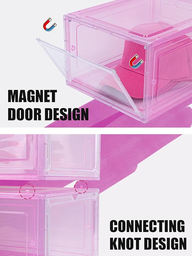 6 Pack Hat Organizer Box, Stackable Clear Baseball Caps Holder Box Containers with Magnetic Door for Hats Snapback Cap Storag, Hat Rack Display Case, Holds 8 Hats Each (Pink)
