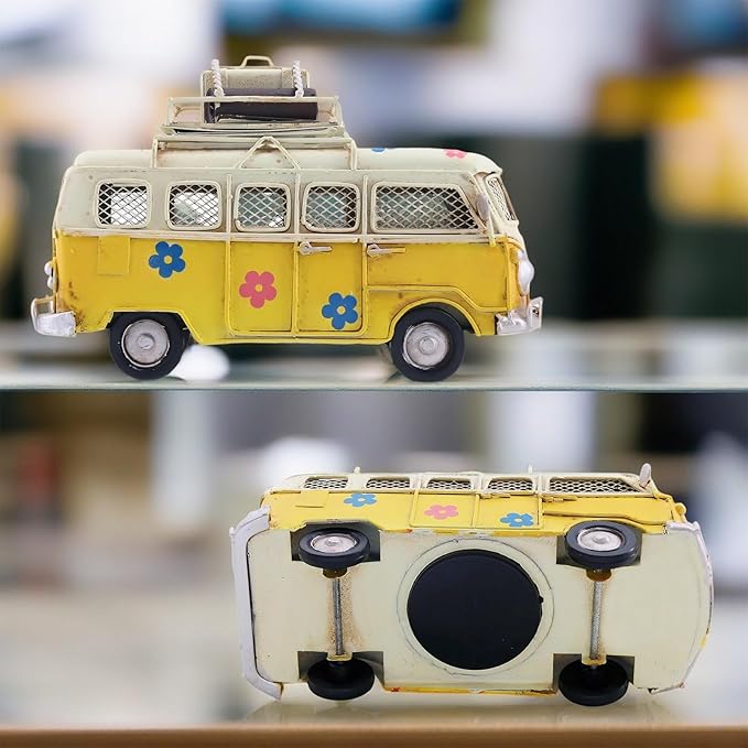 Vintage Camper Van Coin Bank with Photo Holder, Retro Hippie Van Decor with Tropical Flower Decals, Coastal Shelf Decoration, Yellow