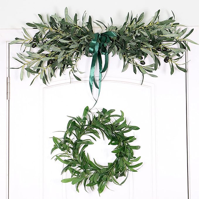 35.4inch Artificial Olive Leaves Swag, Spring Olive Door Swag with Fruit and Bow, Greenery Plants Swag Floral Garland for Front Door Garden Decor