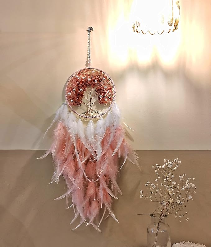 Dream Catchers, Pink Dream Catcher Tree of Life Wall Decor, with Natural Healing Crystal Stone, Perfect Rose Agate Handmade Dreamlike Dream Catcher for Girls Bedroom Decor Art Craft Gift