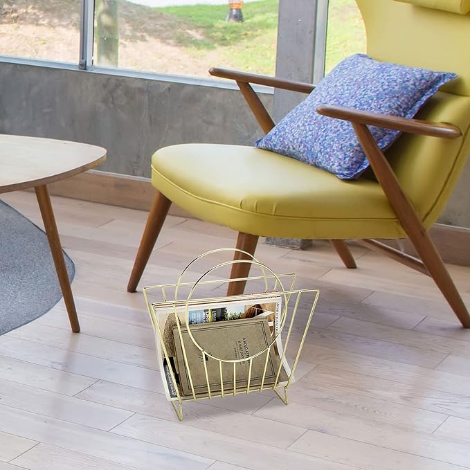 MyGift Mid-Century Brass Plated Metal Free Standing Magazine Holder Document File Rack with Decorative Bag Shaped Design