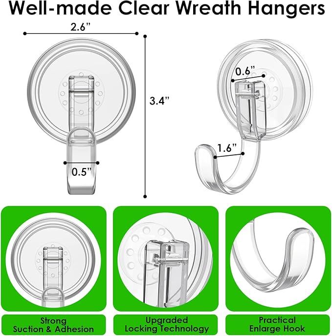 Wreath Hanger, Heavy Duty Suction Cup Hooks for Front Door, Plastic Clear Hooks for Halloween Christmas Wreaths, Welcome Sign, Glass Door, Tile Wall
