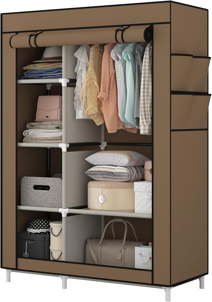 Calmootey Portable Closet Organizers, Clothing Storage, Wardrobe with 6 Shelves and Hanging Rod, Non-Woven Fabric Cover with 4 Side Pockets, Brown