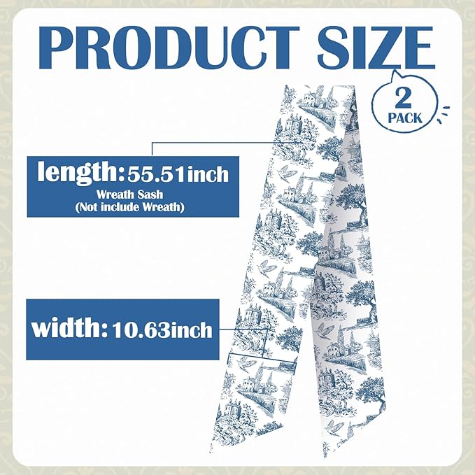 Blue French Toile Sash for Wreaths - 2 Pcs Rustic Wreath Sashes for Front Door Kitchen Cabinet, Wreath Sash for Monogram Embroidery Farmhouse Home Decor