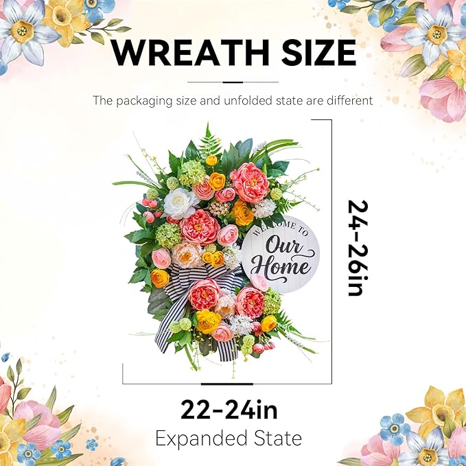 Spring Summer Wreaths for Front Door 24 Inch, Half Moon Wreath with Peony, Rose & Dalia, Outdoor Spring Wreaths for Front Door Outside, Summer Wreath for Front Door Farmhouse Welcome Sign Door Decor