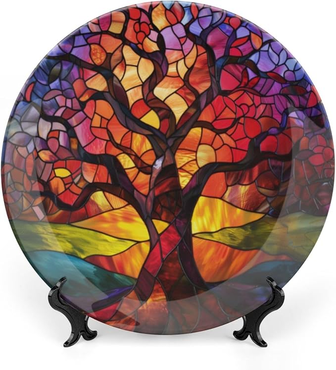 Stained Glass Theme Decorative Ceramic Plate Round Porcelain Plate,10 inch,Tree of Life Pattern,for Decorative Ornaments Giving Plates, 1 Plate with 1 Display Stand,Orange Purple