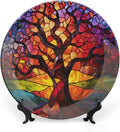 Stained Glass Theme Decorative Ceramic Plate Round Porcelain Plate,10 inch,Tree of Life Pattern,for Decorative Ornaments Giving Plates, 1 Plate with 1 Display Stand,Orange Purple