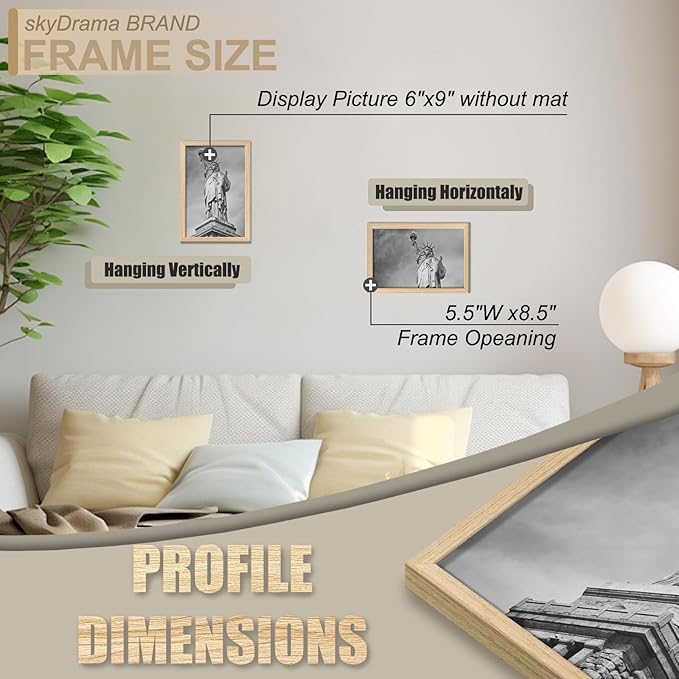 Natural Solid Wood 6x9 Picture Frame, Display 6 x 9 Inch Picture Poster Photo, Vertical & Horizontal Wall Hanging - 2 Pack/Natural/6"x9"
