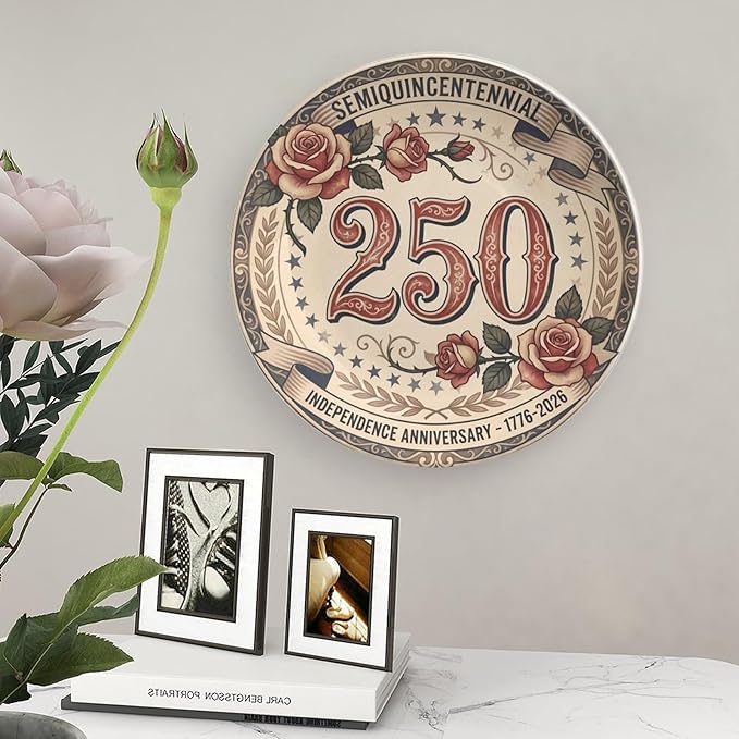 250th Anniversary Decorative Plates 8 Inch Vintage Floral Patriotic Decorations Commemorative Plates with Stand Semiquincentennial 4th of July Veterans Day Home & Office