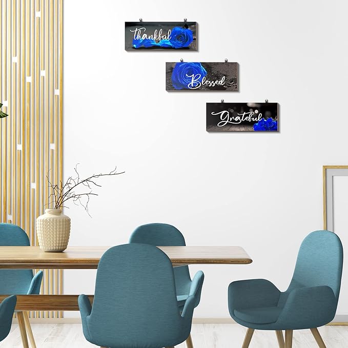 Hillban 3 Pieces Rose Wooden Wall Decor Rose Bathroom Decor Thankful Grateful Blessed Accessories Inspirational Wall Art Signs for Living Room Kitchen Wedding(16 x 6 Inch,Blue)