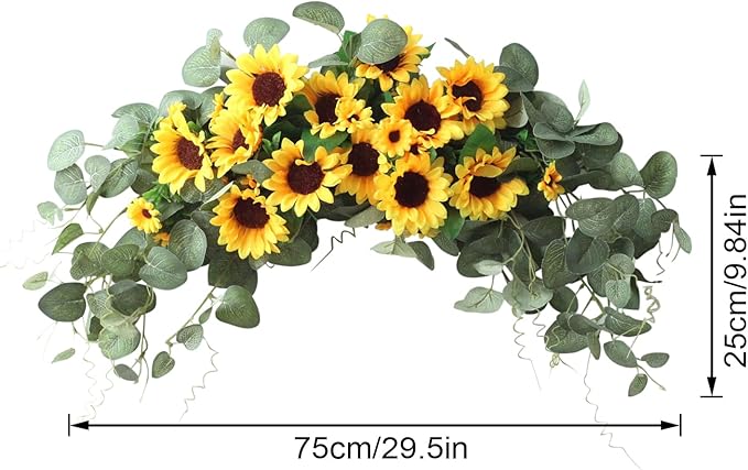 Artificial Sunflower Swag,Handmade Floral Garland Decorative Swag with Green Leaves,Handmade Floral Wreath Decorative Sunflower Wreath,Hanging Arch Garland