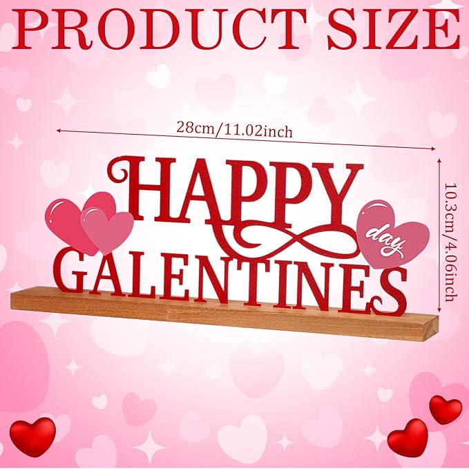 Teenyyou Happy Galentines Day Tabletop Decoration Galentines Day Party Centerpiece Red Pink Glittery Heart Romantic Metal Word Sign with Wooden Base for Valentines Bunting Ladies Photo Props