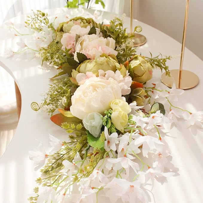 IUIBMI 29.5 inch Wedding Arch Flowers, Spring Decorative Peony Swags with Green Leaves Rustic Artificial Floral Swag Peony Door Wreath for Front Door Wedding Arch Wall Decor (E)