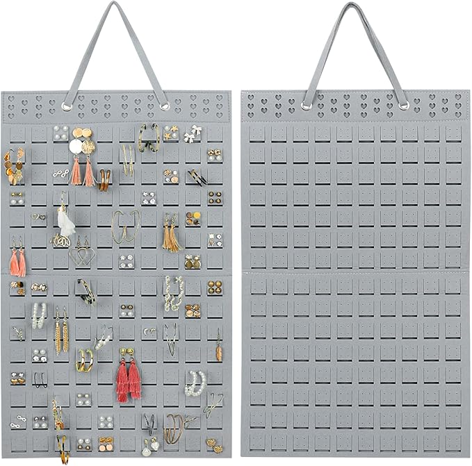 Hanging Earrings Organizer, Wall Earring Holder with 2 Hooks, Holds Up To 300 Pairs, Compact Design, Soft Material-Silber Grey