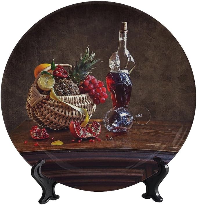 Wine Decorative Plates, 6 Inch, Overturned Wine Glass And Pomegranate Round Display Plate, Hanging Decorative Plate with Display Stand, for Display Living Room Kitchen Closet Table Decor