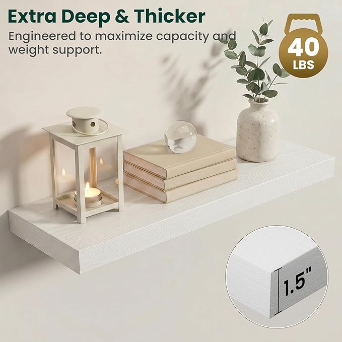 Floating Shelves for Wall 32 in x 9.3 in Deep, Wall Mounted Rustic Wood Shelf with Invisible Brackets for Storage & Display, Living Room Bedroom Bathroom, White, 2 Pack