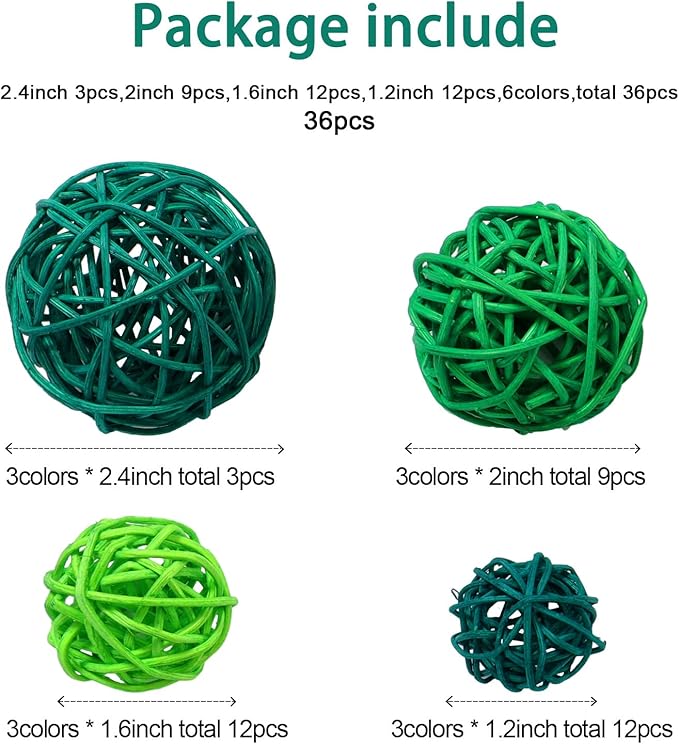 Patelai 36 Pcs Wicker Rattan Balls Decorative Balls for Vase Centerpiece Bowls Orbs Filler for Home Decor,4 Sizes(Dark, Grass Green, Fluorescent Green,2.4'',2'',1.6'',1.2'')