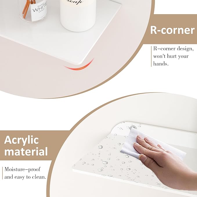 Sezanrpt 11.4x16 Inch Acrylic Corner Floating Shelf Set of 4, White Corner Wall Shelf for Home Décor, Speakers, Security Cameras, Toileries, Plants, Figures, Cosmetics, Books