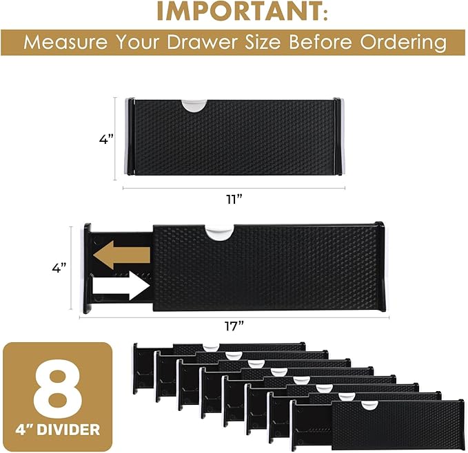RAPTUROUS Adjustable Drawer Dividers 8 Pack, 4” High, 11-17” Long, Dresser Drawer Organizer for Bedroom, Closet, Kitchen, Nursery, Office, Strong Hold, Soft Foam Edges, Black