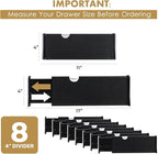 RAPTUROUS Adjustable Drawer Dividers 8 Pack, 4” High, 11-17” Long, Dresser Drawer Organizer for Bedroom, Closet, Kitchen, Nursery, Office, Strong Hold, Soft Foam Edges, Black