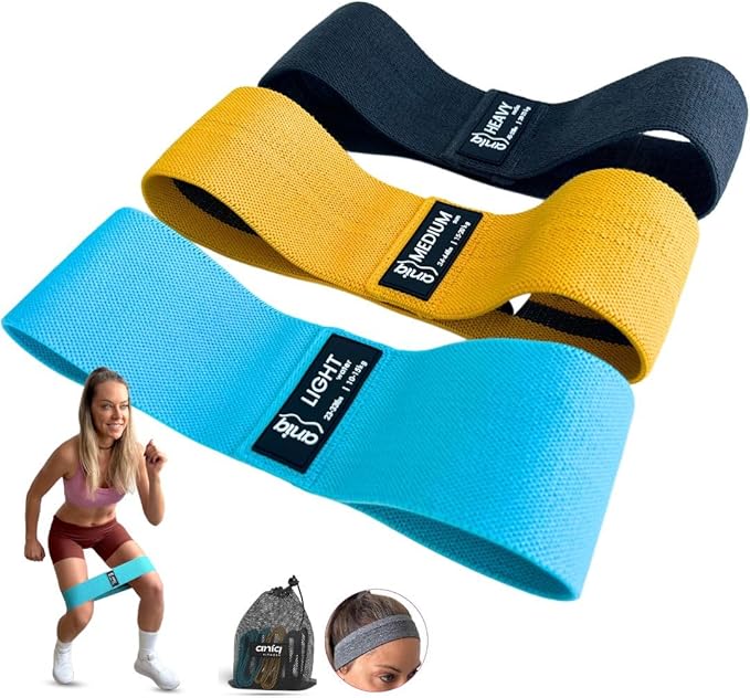ANIQ® Fabric Resistance Bands for Legs & Butt – Non-Slip Booty Bands Set – 3 Levels for Squats & Glutes – Cloth Loop Workout Exercise Equipment with Carry Bag, Headband & Guides For Pilates, Yoga, Gym