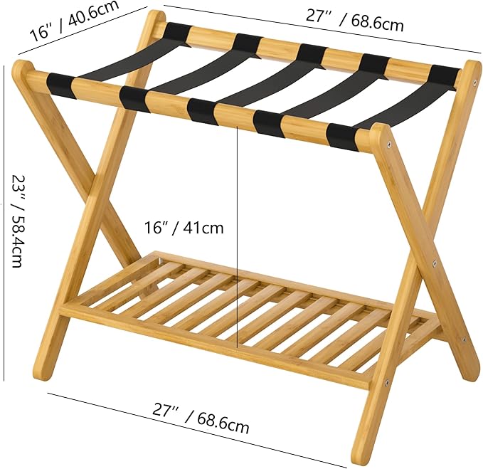 Luggage Racks Set Of 2 Suitcase Stand Foldable With Storage Shelf For Guest Room Hotel Essentials Solid Bamboo Heavy-Duty Item Holder Natural