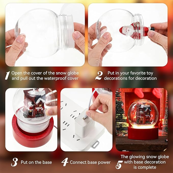Irenare 12 Pcs 3.9 Inch DIY Snow Globe Kit, 6 Make Your Own Snow Globe Craft 6 LED Light Wood Base Clear Plastic Dome for Wedding Engagement Bridal Shower Decor Anniversary Wife Gift