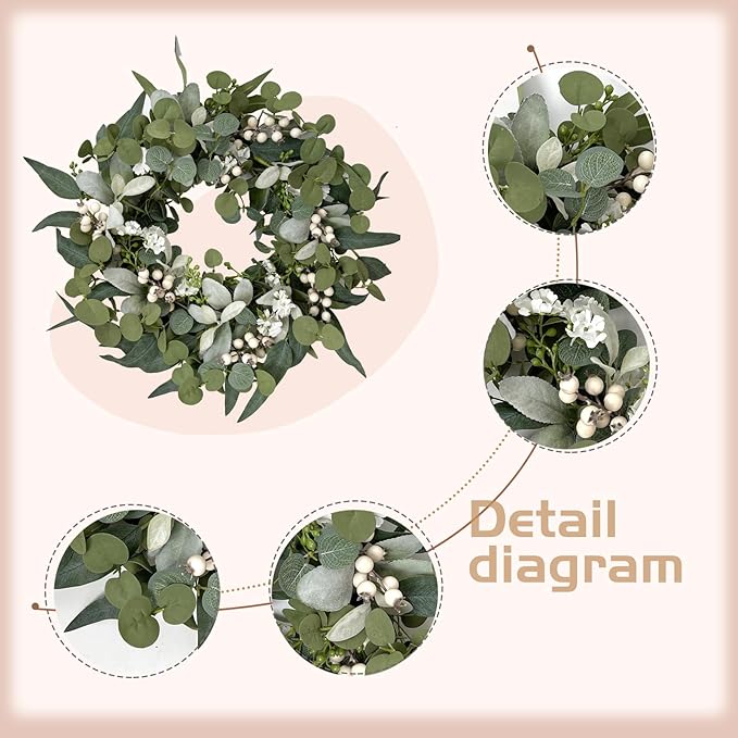 Idyllic Berries Eucalyptus Wreaths for Front Door, 20" Artificial Spring Summer Green Leaf Wreath for Farmhouse Wall Wedding Decor Window Front Porch Decor