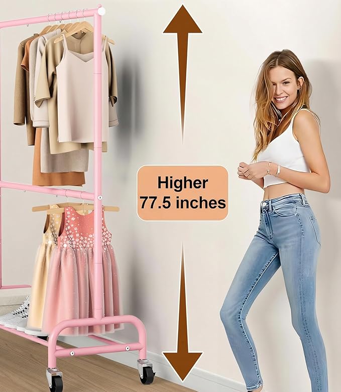 MISSLO Heavy Duty Clothing Racks for Hanging Clothes Rack Double Rod Garment Rack Rolling Closet Wardrobe Rack on Wheels, Metal, Adjustable (Pink)