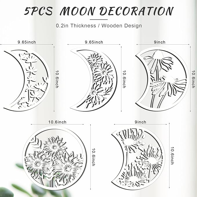 Jetec 5 Pcs Moon Phase Wall Art Decor Wall Pediments Hanging Wooden Phase Spiritual Bedroom Nordic Boho Lunar Aesthetic Art for Living Room Dorm Apartment Ornament(White)